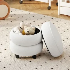 COSTWAT Opbevaringsskammel i Boucle Stof 40,5 x 44,5 cm (D. x H) Gummitræsfødder til Værelse, Toiletbord Hvid HVID