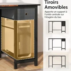 COSTWAY 140 cm computerbord, med 2 skuffer, hængekrog, opbevaringshylde, brun Rustik brun + svart