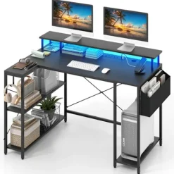 COSTWAY 120 cm hjørnespillebord med skærmstativ, LED-lys og strømstik, opbevaringshylder, sort