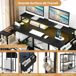 COSTWAY 120 cm hjørnespillebord med skærmstativ, LED-lys og strømstik, opbevaringshylder, sort
