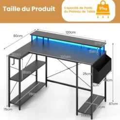 COSTWAY 120 cm hjørnespillebord med skærmstativ, LED-lys og strømstik, opbevaringshylder, sort