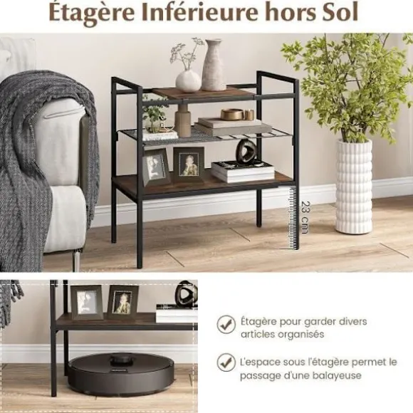 COSTWAY 3 etagers sidebord, endebord i industriel stil, metaramme, meshhylde 60 x 33,5 x 61 CM