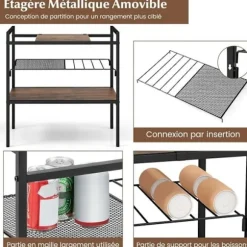 COSTWAY 3 etagers sidebord, endebord i industriel stil, metaramme, meshhylde 60 x 33,5 x 61 CM