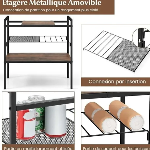 COSTWAY 3 etagers sidebord, endebord i industriel stil, metaramme, meshhylde 60 x 33,5 x 61 CM