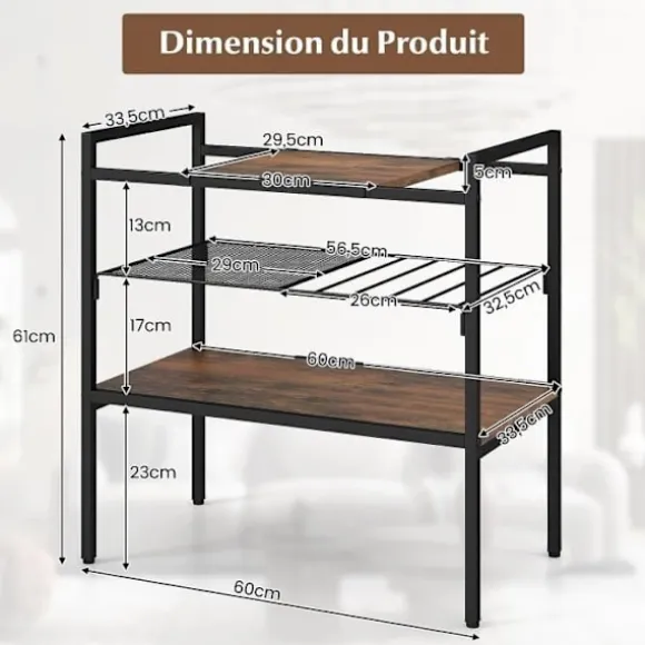 COSTWAY 3 etagers sidebord, endebord i industriel stil, metaramme, meshhylde 60 x 33,5 x 61 CM