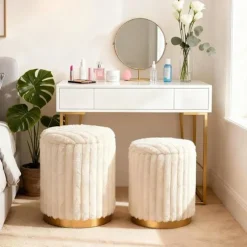 COSTWAY 2 Håndlavede Make-up Taburetter med Opbevaringsplads 32L + 21L i Silikone Kanin Pels Hvid beige