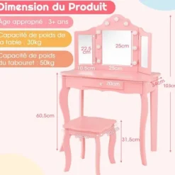 COSTWAY 2 i 1 Børne Smykkebord med Skammel, LED Spejl med 3 Farver, Foldbart Ægte Glas, Skuffe, Rosé
