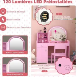 COSTWAY 2 i 1 toiletbord med stol til børn med spejl og 120 LED-lys, 2 hylder og skuffe, Pink