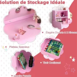 COSTWAY 2 i 1 toiletbord med stol til børn med spejl og 120 LED-lys, 2 hylder og skuffe, Pink