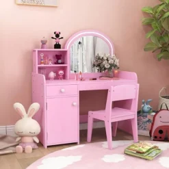 COSTWAY 2 i 1 toiletbord med stol til børn med spejl og 120 LED-lys, 2 hylder og skuffe, Pink
