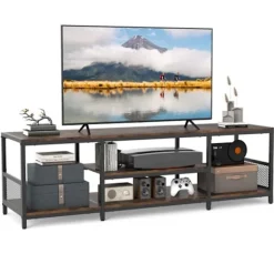 COSTWAY 65" TV Møbel med Åbne Opbevaringshylder, 4 Rum, 150 x 40 x 45 cm til Stue, Værelse, Brun kastanj