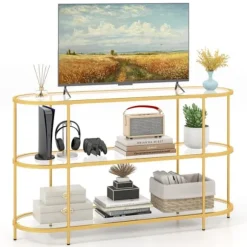 COSTWAY 65" TV-bord i glas med 3 store hylder i hærdet glas, til stue, soveværelse, rum, 140 x 41 x 82 cm