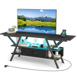 COSTWAY 65" TV-bord med 3 niveauer med LED og opladningsstation, opbevaringshylder og skuffe til stue, soveværelse, sort