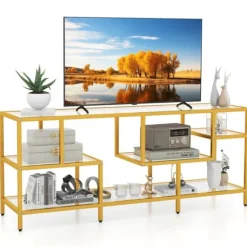 COSTWAY 65" TV-møbel i glas med en stor topplade og 4 hylder i hærdet glas, til stue, soveværelse, værelse, 147 x 40 x 62 cm