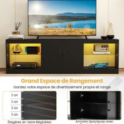 COSTWAY 65" TV-møbel LED med 16 farver, 2 magnetiske døre, 4 åbne rum, til stue, soveværelse, sort