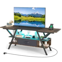 COSTWAY 65" TV-møbel med 3 niveauer, LED og ladestation, opbevaringshylder og skuffe til stue, værelse, brun