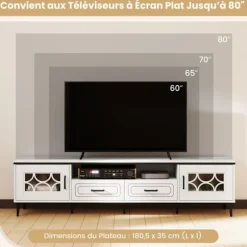 COSTWAY 80" TV-møbel med 2 skuffer, 2 skabe & rum, 7 forhøjede metalben, 150 x 37 x 44 cm, Hvid
