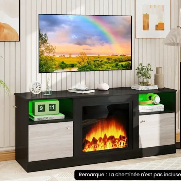 COSTWAY 65" TV-møbel med LED og 2 skabe, åbne rum, magnetisk låge, moderne design til stuen, 147 x 40 x 60 cm Svart