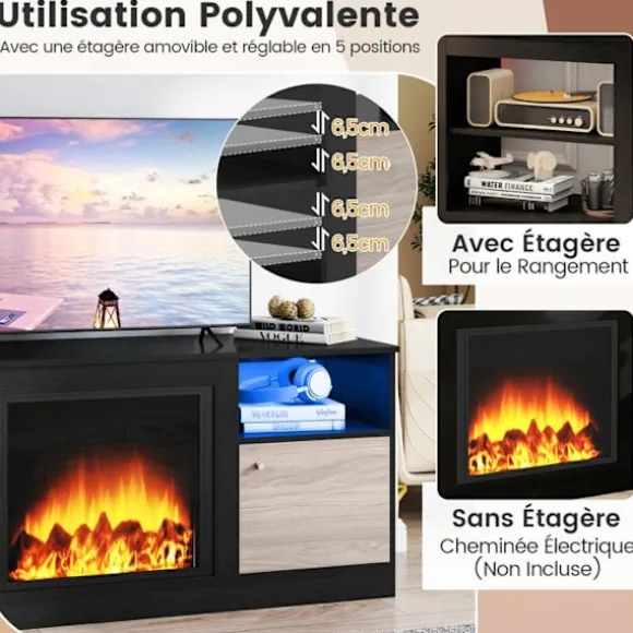 COSTWAY 65" TV-møbel med LED og 2 skabe, åbne rum, magnetisk låge, moderne design til stuen, 147 x 40 x 60 cm Svart