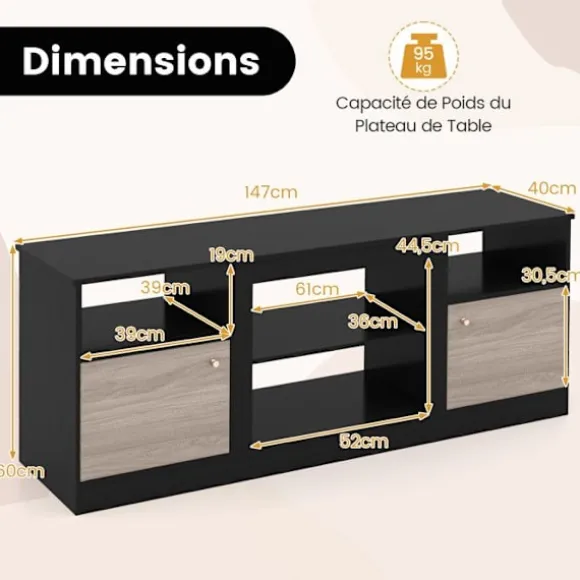 COSTWAY 65" TV-møbel med LED og 2 skabe, åbne rum, magnetisk låge, moderne design til stuen, 147 x 40 x 60 cm Svart