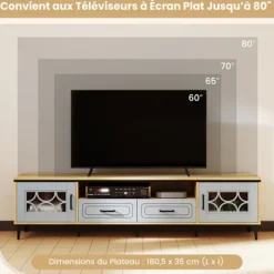 COSTWAY 80" TV-stand med 2 skuffer, 2 skabe & rum, 7 hævede metalben, 150 x 37 x 44 cm, Natur