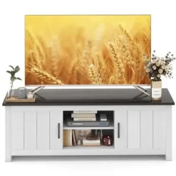 COSTWAY 60" tv-stativ med 4 rum 2 døre 2 kabelstyringshuller, til stue, soveværelse, 145 x 39,5 x 49,5 cm, brun