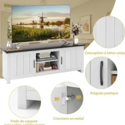COSTWAY 60" tv-stativ med 4 rum 2 døre 2 kabelstyringshuller, til stue, soveværelse, 145 x 39,5 x 49,5 cm, brun