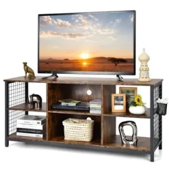 COSTWAY 65" tv-stativ med 6 rum, justerbare hylder, 2 kabelstyringshuller, stue, soveværelse, 140x40x63cm, brun kastanj