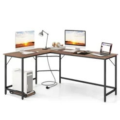 COSTWAY 168 x 125 cm Hjørneskrivebord med CPU-holder, 2 strømstik og USB & Type C-port, robust metalramme, naturlig