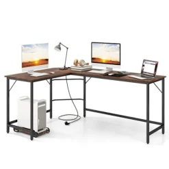 COSTWAY 168 x 125 cm hjørneskrivebord med CPU-holder, 2 strømstik og USB & Type C-port, robust metalramme, brun