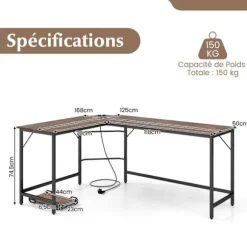 COSTWAY 168 x 125 cm hjørneskrivebord med CPU-holder, 2 strømstik og USB & Type C-port, robust metalramme, brun