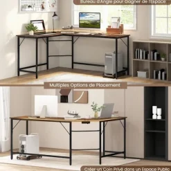 COSTWAY 168 x 125 cm hjørneskrivebord med CPU-holder, 2 strømstik og USB & Type C-port, robust metalramme, brun