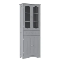 COSTWAY Badeværelse Højskab med 4 Døre 1 Skuffe, 2 Justerbare Hylder, Badeværelse, Køkken, 60x30x160 cm Grå