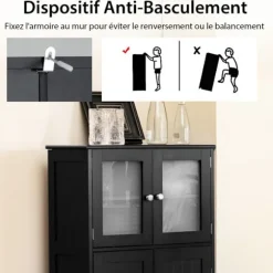 COSTWAY Badeværelsesmøbel med 4 Døre, 3 Justerbare Hylder til Badeværelse, Stue, Køkken, 60 x 30 x 108 cm, Sort Sort