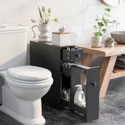 COSTWAY Badeværelsesmøbler med hylde og opbevaringsskuffe WC-skabe 16 x 48 x 58CM i sort træ