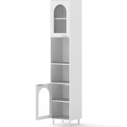 COSTWAY Badeværelsessøjle med 2 Glasskabe, 2 Åbne Rum, Justerbare Hylder, 35x30x180cm Vit