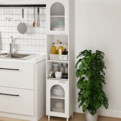 COSTWAY Badeværelsessøjle med 2 Glasskabe, 2 Åbne Rum, Justerbare Hylder, 35x30x180cm Vit