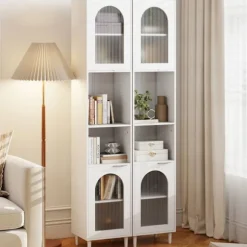 COSTWAY Badeværelsessøjle med 2 Glasskabe, 2 Åbne Rum, Justerbare Hylder, 35x30x180cm Vit