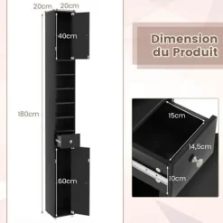 COSTWAY Badeværelsessøjleenhed med 2 dørskabe, 1 skuffe og 5 justerbare hylder, 20 x 20 x 180 cm, sort Svart