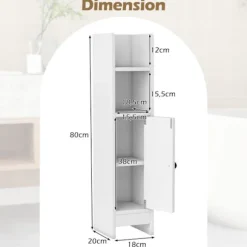 COSTWAY Badeværelsesskab med Dør og Justerbare Hylder, Justerbar Hylde, til Badeværelse, Stue 20 x 18 x 80 cm Hvid