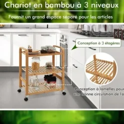 COSTWAY Bamboo køkkenvogn med 3 etager, køkkenvogn med 4 hjul (2 låsbare), 58 x 33 x 76 CM, Natural