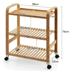 COSTWAY Bamboo køkkenvogn med 3 etager, køkkenvogn med 4 hjul (2 låsbare), 58 x 33 x 76 CM, Natural