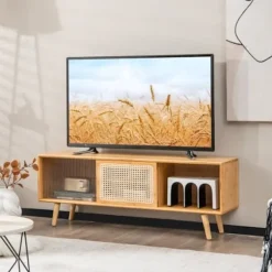 COSTWAY Bamboo TV-stativ til 55" TV med 4 rum, 4 massive træben, 2 rattan-skydedøre og hærdet glas