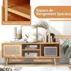 COSTWAY Bamboo TV-stativ til 55" TV med 4 rum, 4 massive træben, 2 rattan-skydedøre og hærdet glas