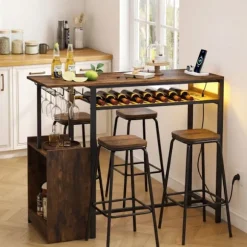 COSTWAY Barbord 110 x 40 x 92 cm med Opladningsstation - RGB-belysning, Glasholder, Flaskeholder, til Køkken, Stue
