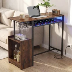 COSTWAY Barbord 110 x 40 x 92 cm med Opladningsstation - RGB-belysning, Glasholder, Flaskeholder, til Køkken, Stue