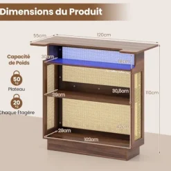 COSTWAY Barbord i PE Rattan 120 x 55 x 110 cm - RGB LED-belysning - 3 holdere til vinglas og 3 hylder