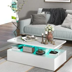 COSTWAY Belysning Kaffebord i 2 Niveauer, Justerbare LED Lygtefarver, Justerbar Lysstyrke, Fjernbetjening, Skinnende Hvid Vit