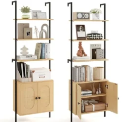 COSTWAY Bibliotek Reol med 6 Niveauer og Rattan Skab, Metalramme, Til Stue, Værelse, Kontor, 30x60x180cm Naturlig