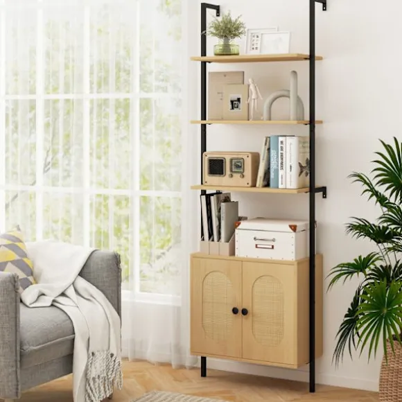 COSTWAY Bibliotek Reol med 6 Niveauer og Rattan Skab, Metalramme, Til Stue, Værelse, Kontor, 30x60x180cm Naturlig